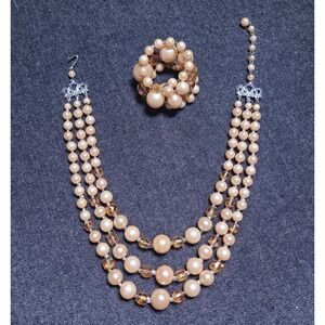 Vintage 50s 60s Beaded Necklace Brown Tan Japan Layered 3 Strand Bracelet‎ Set
